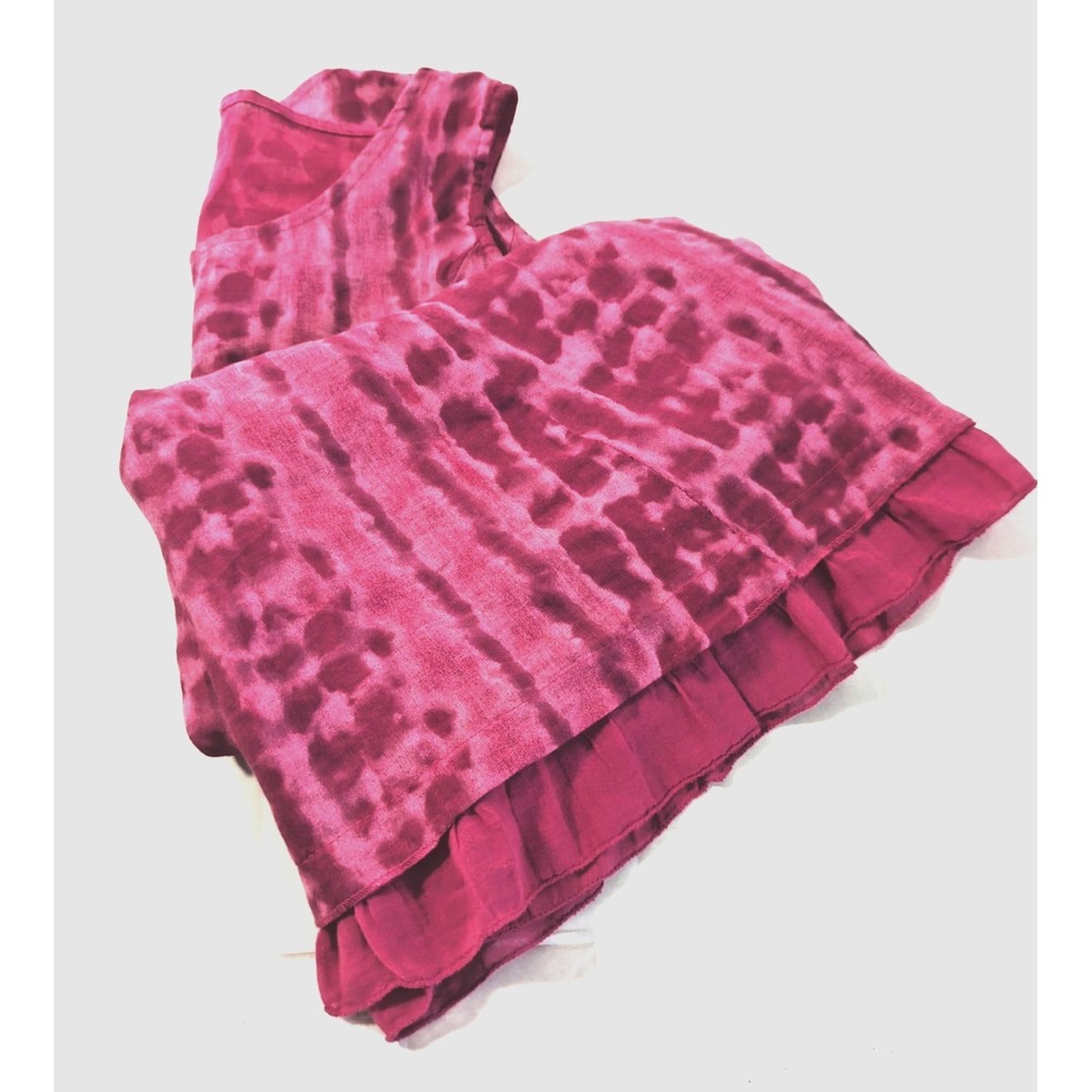 Pure Linen Sleeveless Midi Dress M Pink Animal Print Ruffle Hem Italy Easy Chic